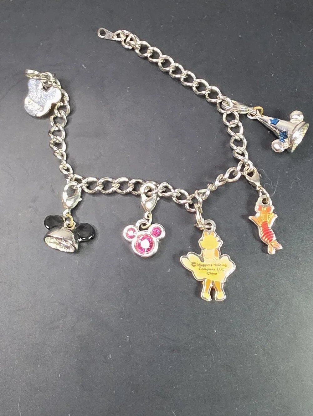 Kids Disney Silver Charm Bracelet with Pink and Black Mickey Charms